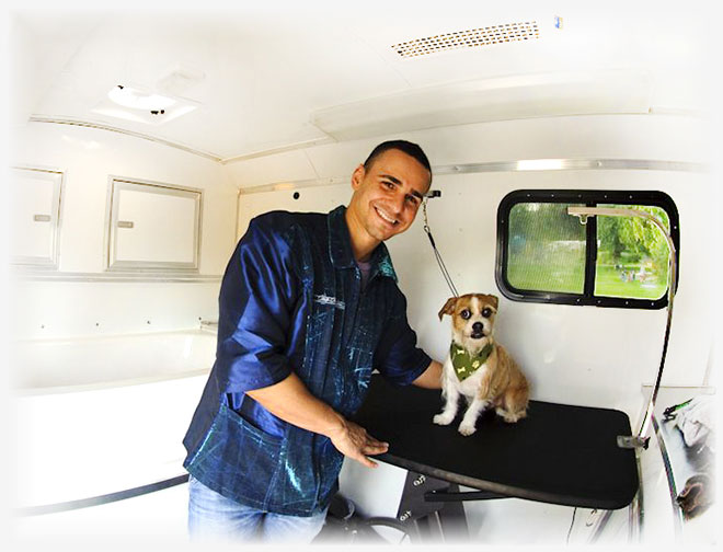 The Woof Wash groomer smiling inside the mobile grooming unit with a small dog